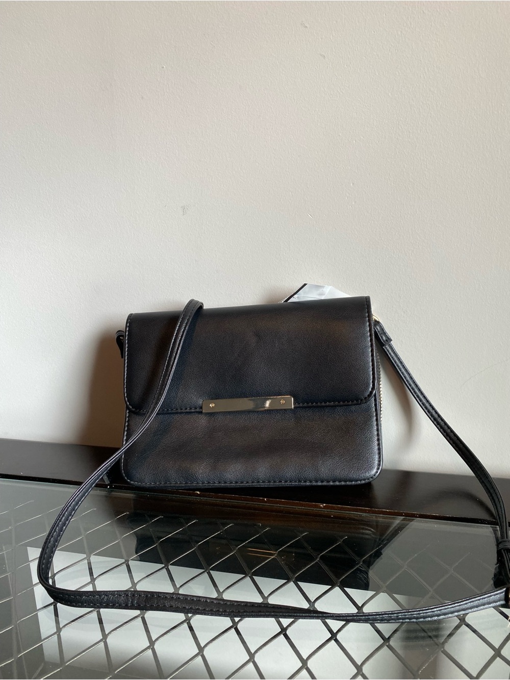 Classic Black Leather Crossbody with Metal Bar Detail